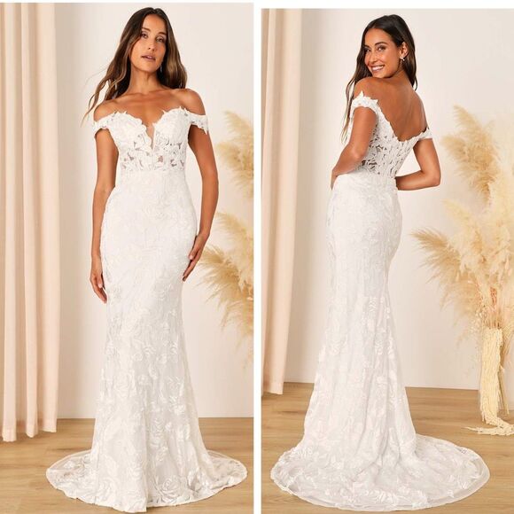 Lulus Precious Romance White Embroidered Off-the-Shoulder Maxi Dress Size 10 NWT - Picture 1 of 10